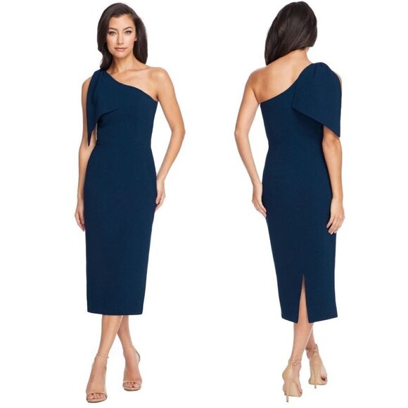 Dress the Population Dresses & Skirts - Dress the Population Tiffany Orchard One Shoulder Midi Dress Bow Shoulder Blue